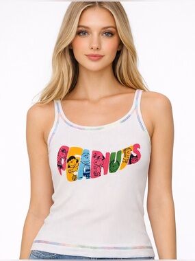Peanuts White Rib Knit Tank Top with Peanuts Characters Graphic Size Jrs Large